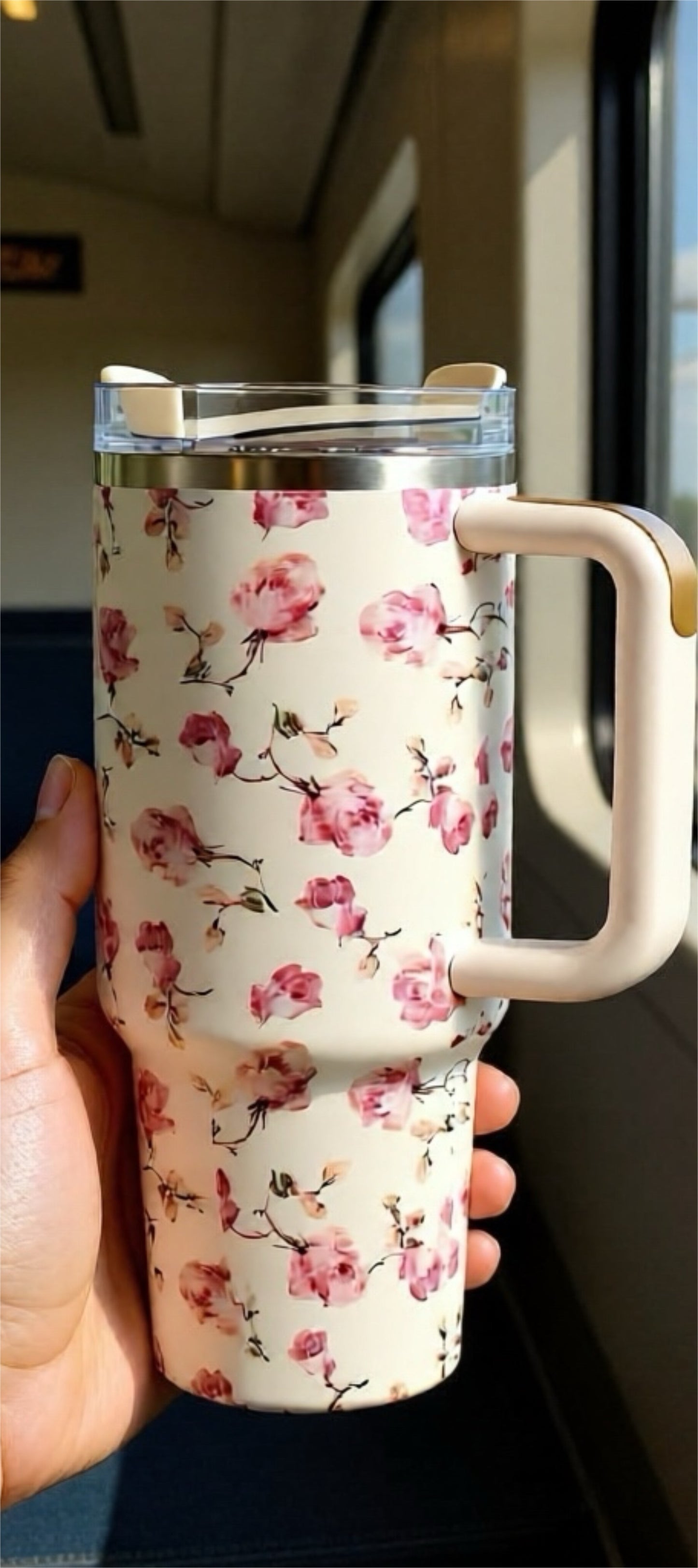 Floral Stainless Steel 40 Oz Tumbler with Handle, Lid & Straw | Insulated Travel Mug