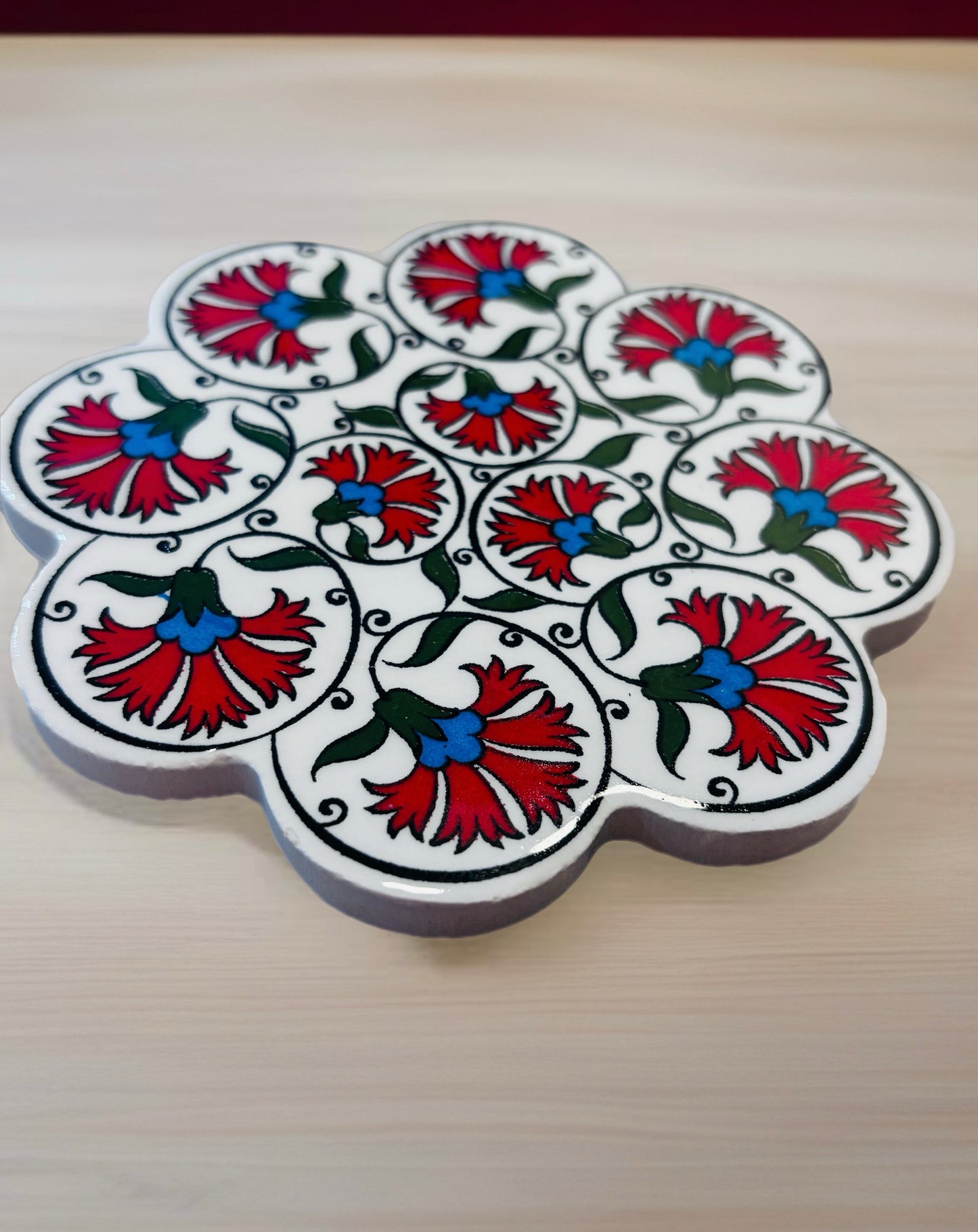 Handmade Turkish Ceramic Coaster – Ottoman Floral Tile Design, Red & Blue Pattern