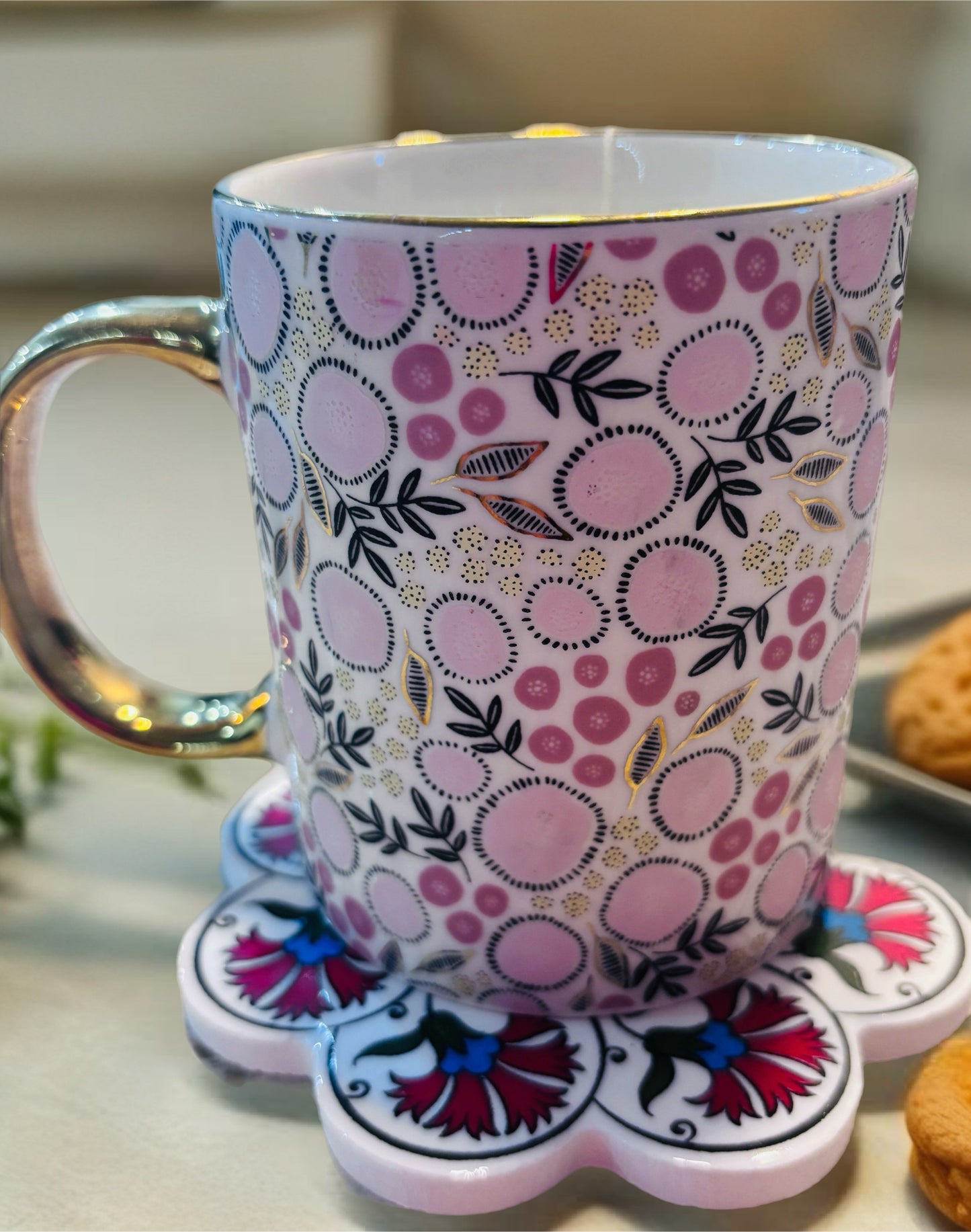 Handmade Turkish Ceramic Coaster – Ottoman Floral Tile Design, Red & Blue Pattern