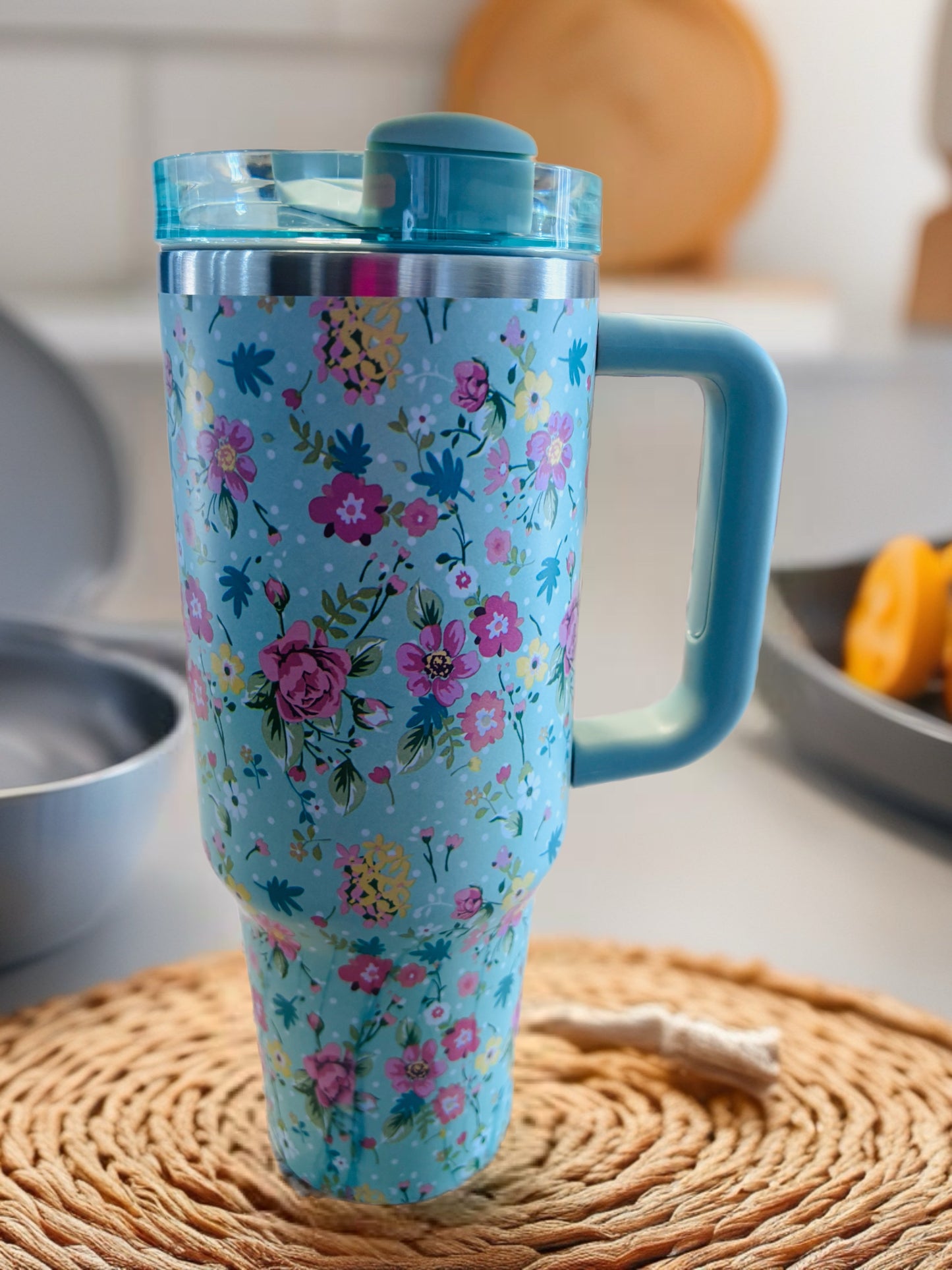 Floral Stainless Steel 40 Oz Tumbler with Handle, Lid & Straw | Insulated Travel Mug