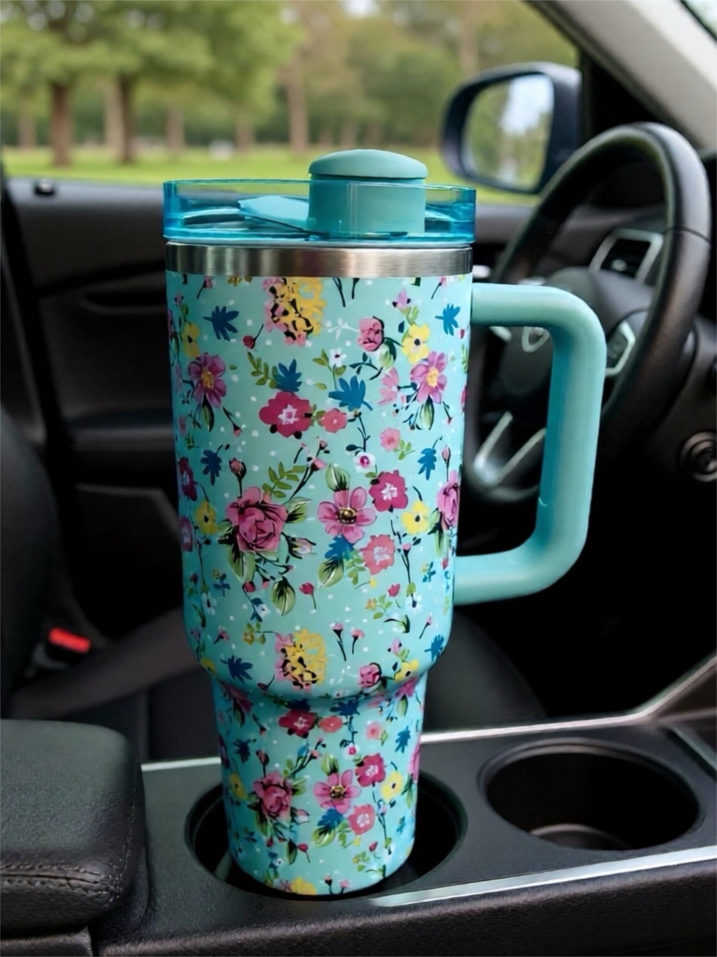 Floral Stainless Steel 40 Oz Tumbler with Handle, Lid & Straw | Insulated Travel Mug
