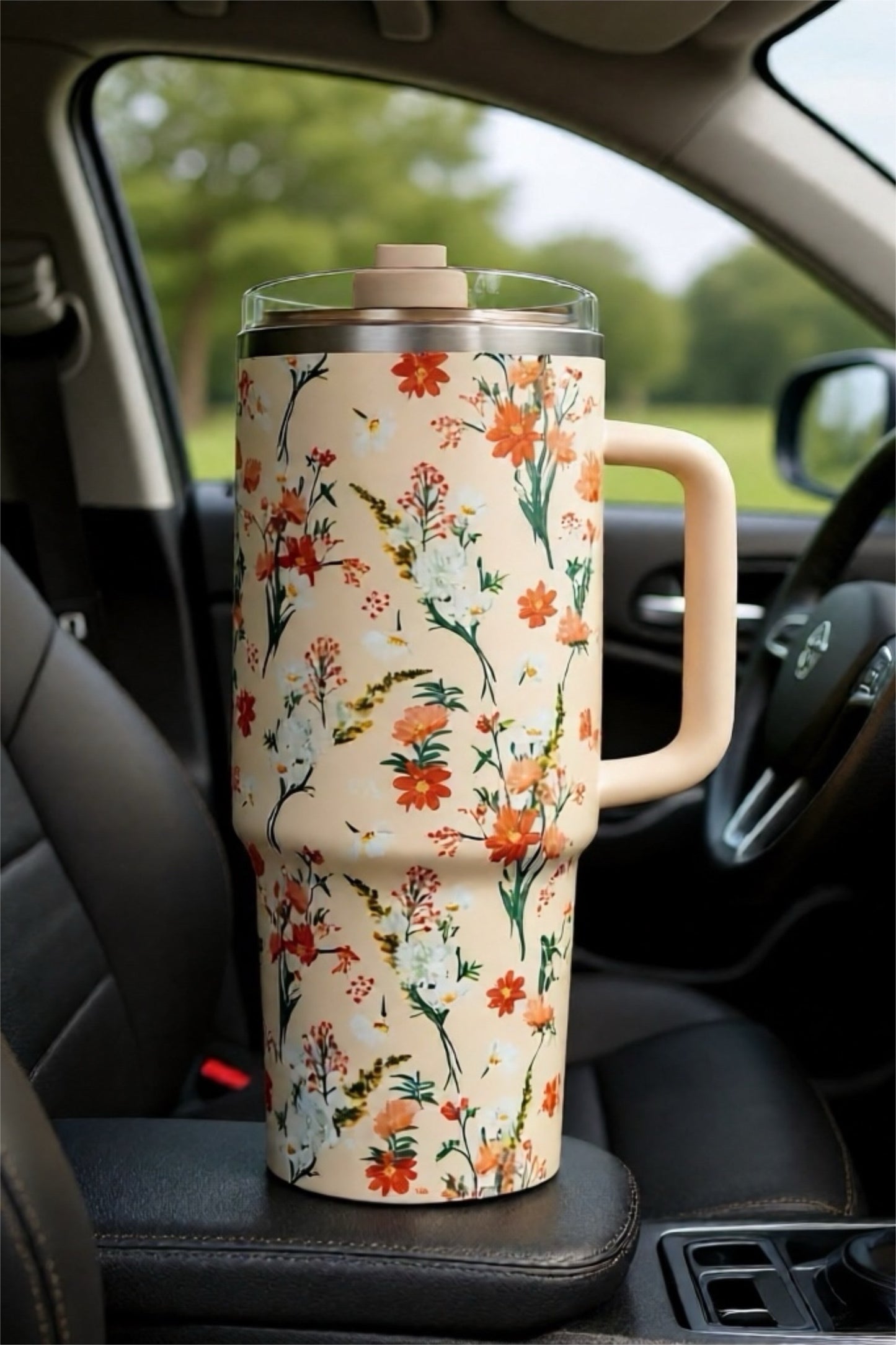 Floral Stainless Steel 40 Oz Tumbler with Handle, Lid & Straw | Insulated Travel Mug