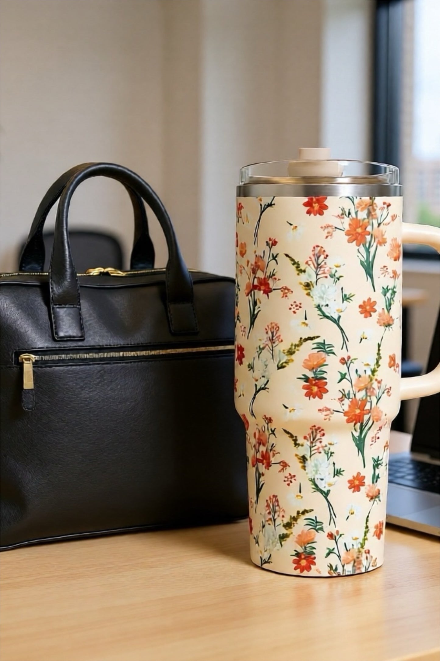 Floral Stainless Steel 40 Oz Tumbler with Handle, Lid & Straw | Insulated Travel Mug