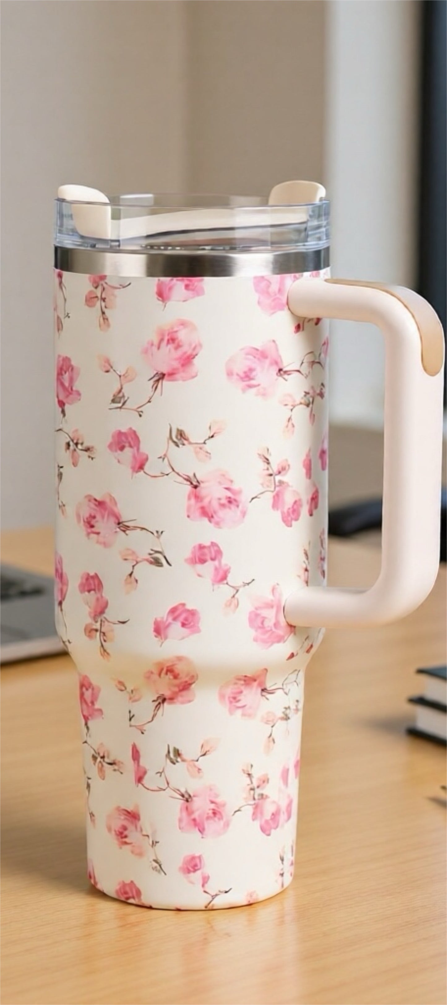 Floral Stainless Steel 40 Oz Tumbler with Handle, Lid & Straw | Insulated Travel Mug