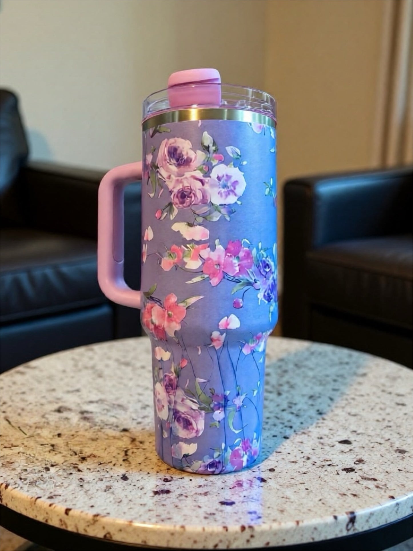 Floral Stainless Steel 40 Oz Tumbler with Handle, Lid & Straw | Insulated Travel Mug