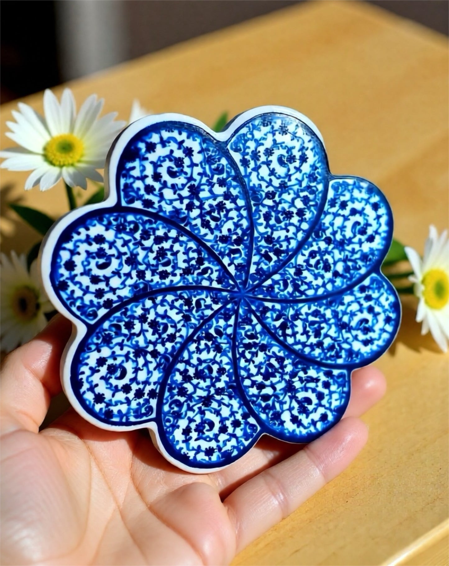 Handmade Turkish Ceramic Coaster – Ottoman Floral Tile Design, Red & Blue Pattern